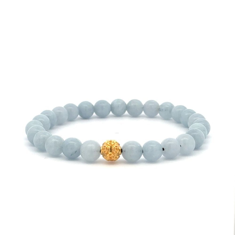 18K Gold Coin Ball Lucky Charm Bracelet Gemstones Aquamarine All Sizes